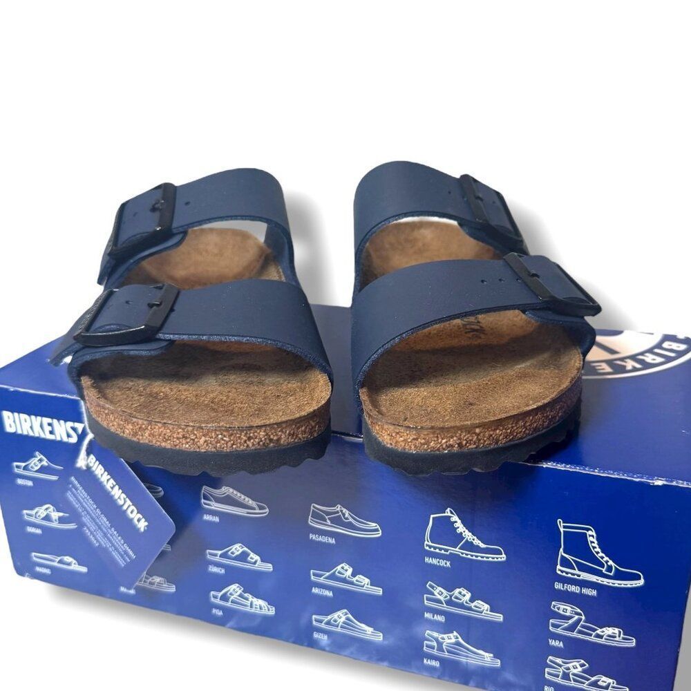 Birkenstock Arizona Navy Sandals EU 37 Two Strap Slide Slip-On Cork Footbed - Picture 5 of 12